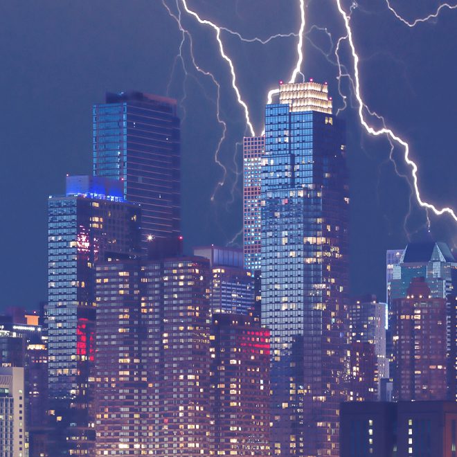 Lightning storm in city with power outages that Smartwatt Boiler can protect against.
